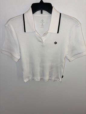 Converse Women's White Ribbed Crop Polo Top with Black Trim Collar - Medium